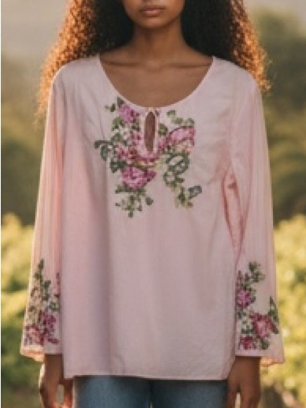 J. Jill blouse Tunic pink floral embroidery keyhole neckline Cotton Medium
